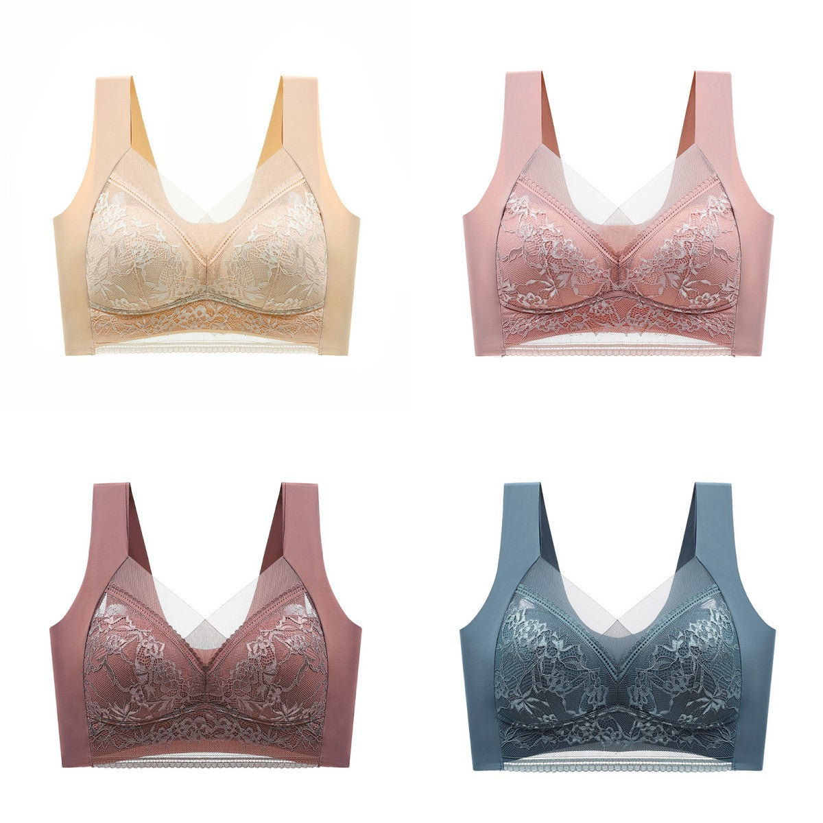 🥰【1 komplet 4 sztuki】👙【40-110 KG】Damski wygodny, bezszwowy koronkowy biustonosz-3887838
