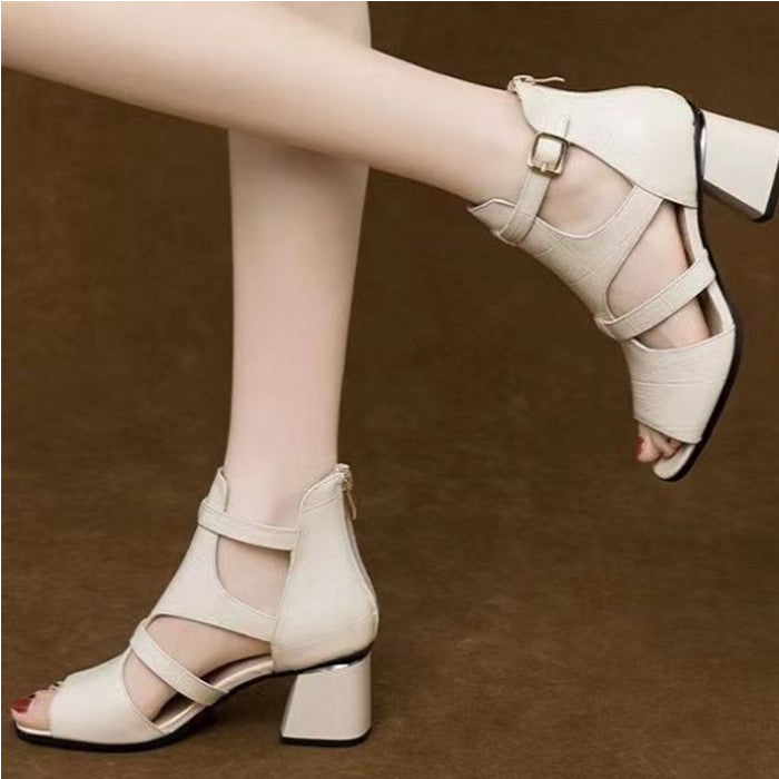 👡【35-40】Nowe miękkie, miękkie skórzane, rybne dno, rybie usta, wydrążone usta, gruby obcas rzymskie sandały