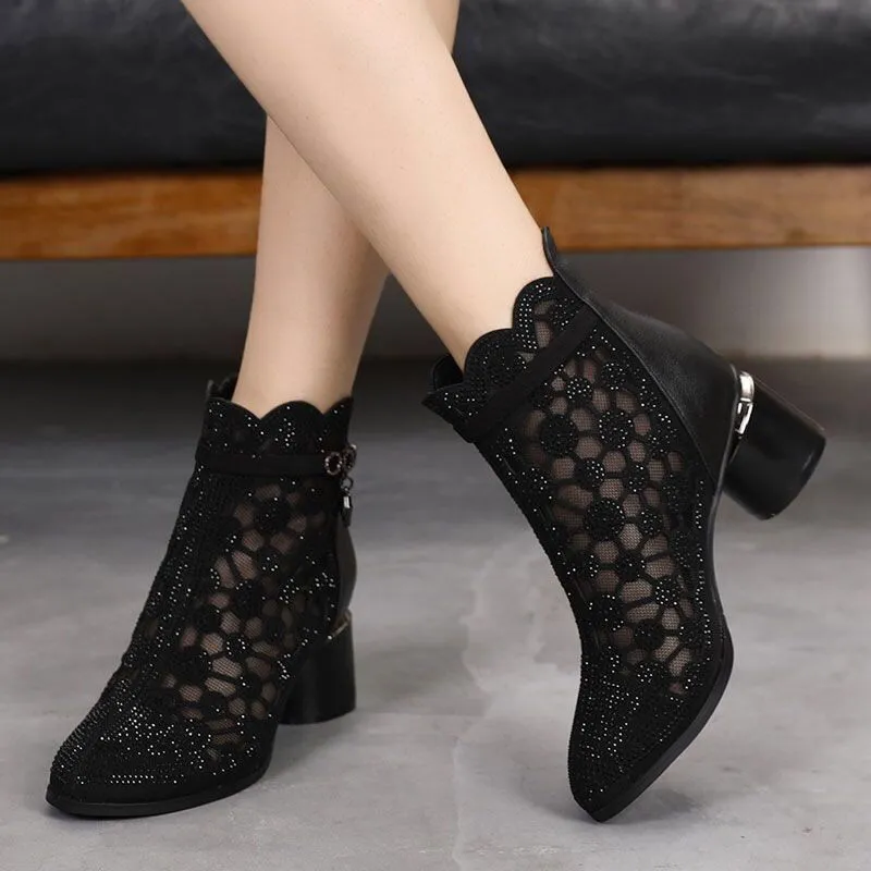 ✨👠Damskie skórzane, casualowe buty na klockowym obcasie z siateczki z miękkiej siateczki kryształowej i siateczki