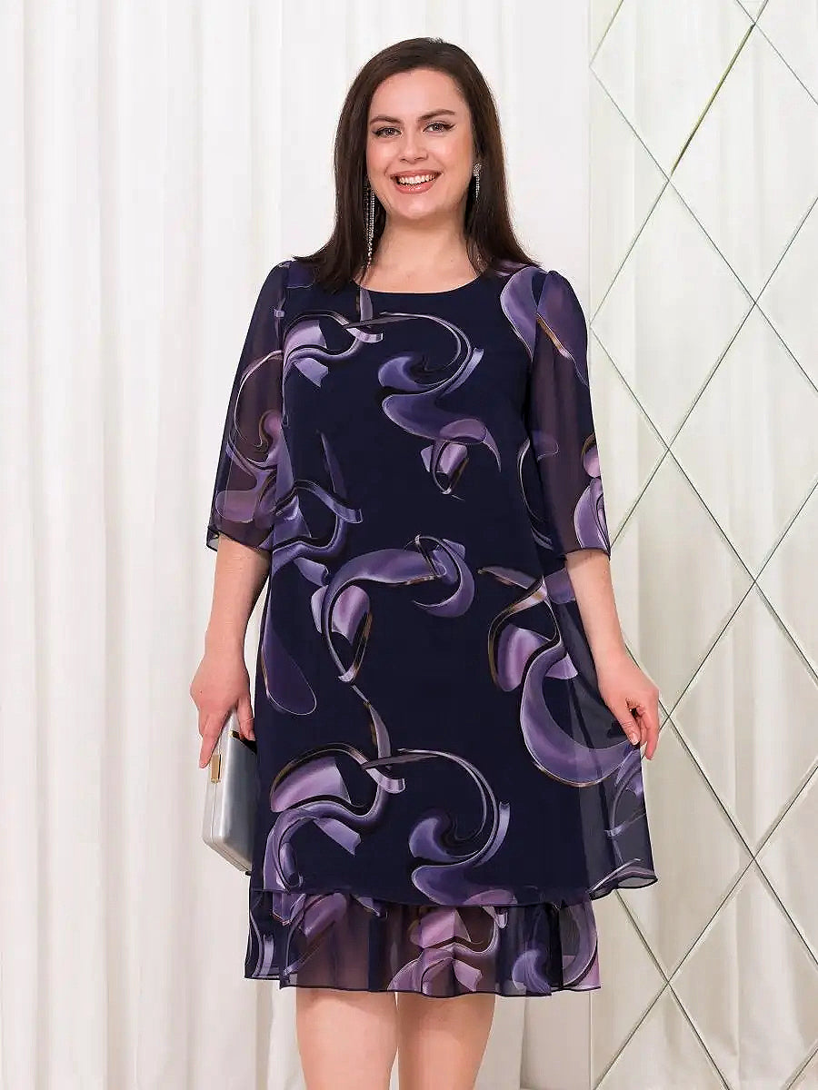 šćS-5XLćšRochie elegantÄ cu imprimeu din plasÄ Či mĆ¢neci cu volan