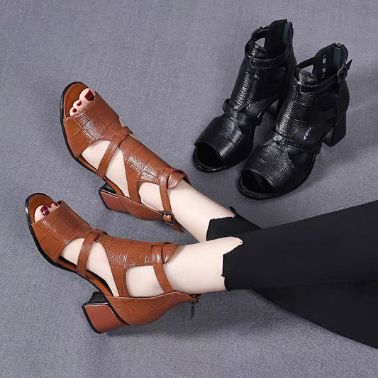 👡【35-40】Noua piele malale, malale, fond de pește, toc înalt, toc înalt, sandale romane la mare-3890372 