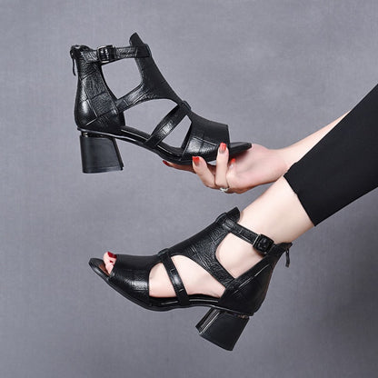 👡【35-40】Nowe miękkie, miękkie skórzane, rybne dno, rybie usta, wydrążone usta, gruby obcas rzymskie sandały