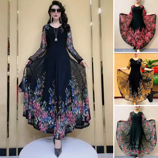 ✨💐【L-4XL】Modna damska sukienka z siateczki z haftowanym nadrukiem