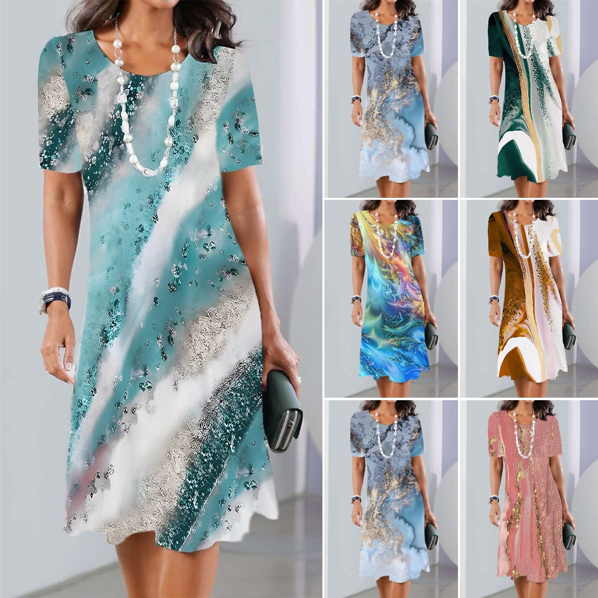🔥【Kup 1, a 2 dostaniesz gratis】👗【XS-5XL】Nowa seksowna damska sukienka z okrągłym dekoltem i nadrukiem