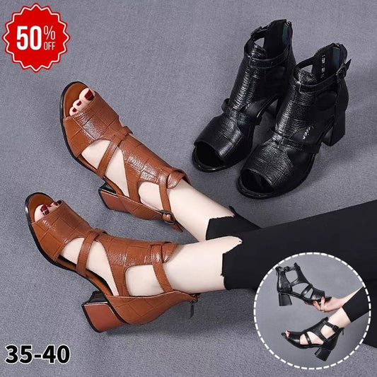 👡【35-40】Nowe miękkie, miękkie skórzane, rybne dno, rybie usta, wydrążone usta, gruby obcas rzymskie sandały